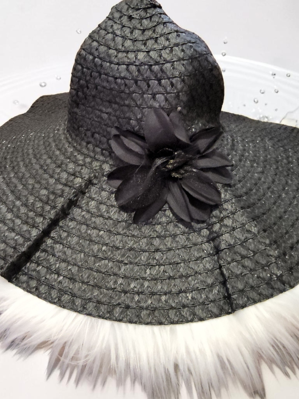New Black Wide-Brim Straw Sun Hat with Flower Accent